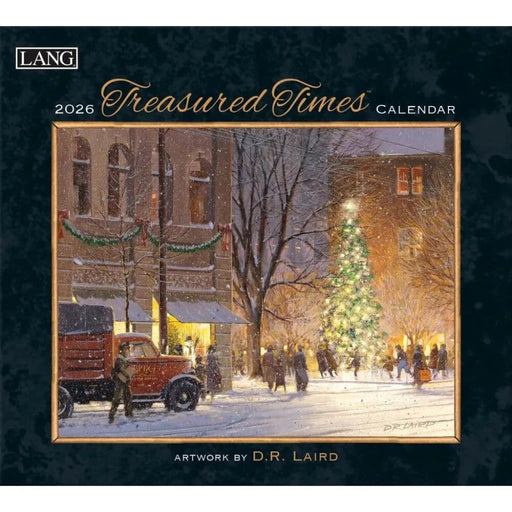 2026 Treasured Times calendar cover with snowy street scene and LANG branding