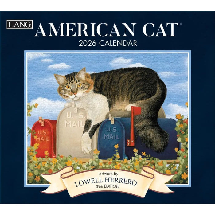 2026 American Cat calendar with a cat on a mailbox illustration, featuring the artist Lowell Herrero.