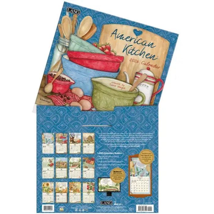 Calendar cover with 'American Kitchen' theme featuring kitchen utensils and cookware.