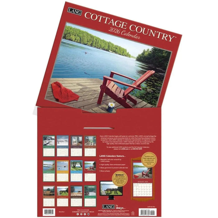 Cottage Country calendar with a red cover featuring a lakeside scene.
