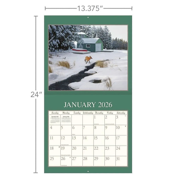 Calendar for January 2026 with a winter scene and dimensions displayed.