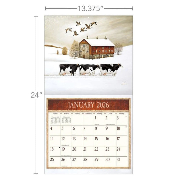 Calendar with a winter scene of cows and a barn, showing January 2026, with dimensions indicated.