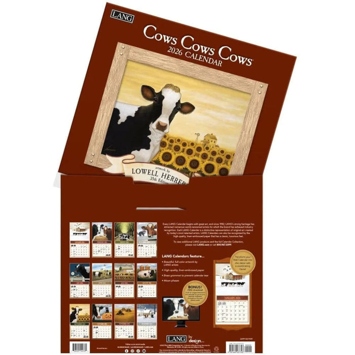 2026 calendar packaging with cow illustration and 'Cows Cows Cows' text