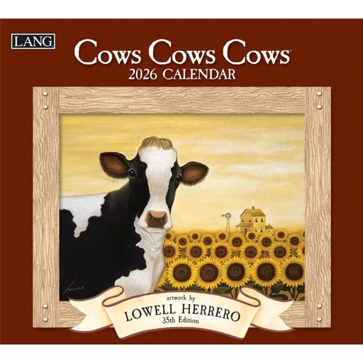 2026 calendar cover with cow illustration and sunflowers, featuring the brand 'LANG'.