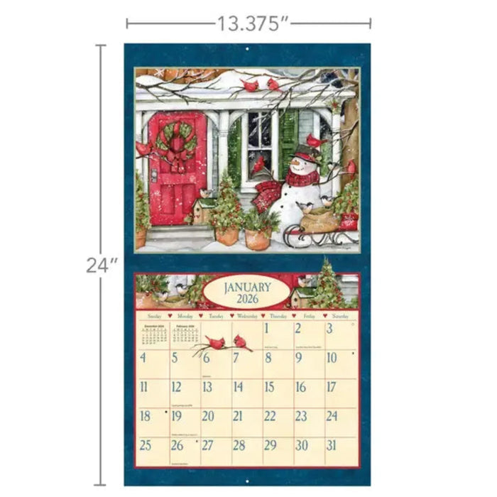Calendar with winter scene design and measurements on a white background