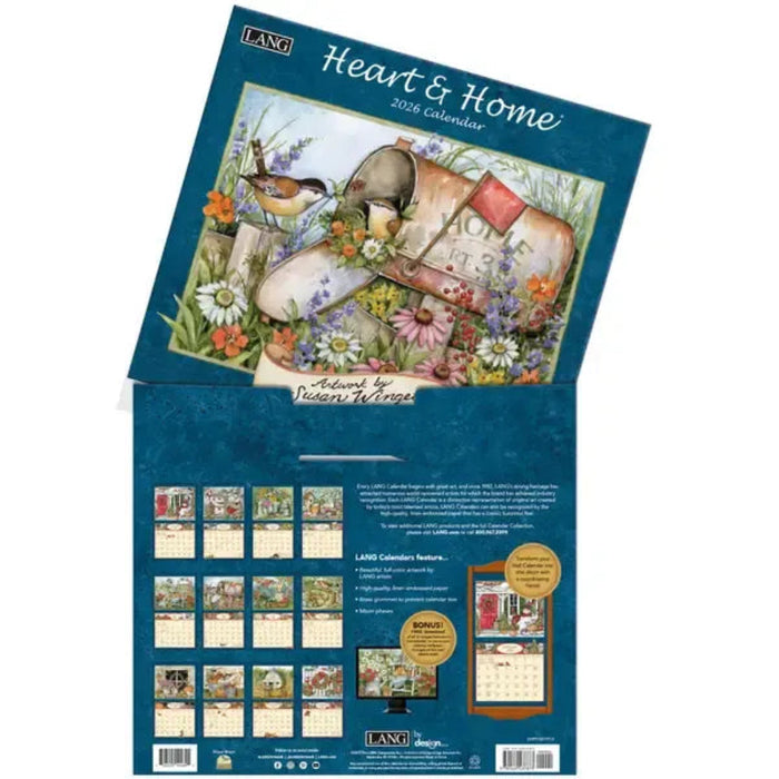 Calendar cover with illustration of a bird and house, featuring the brand 'LANG'.