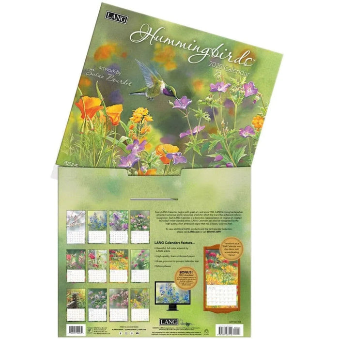 2026 calendar with hummingbirds and flowers on a green background