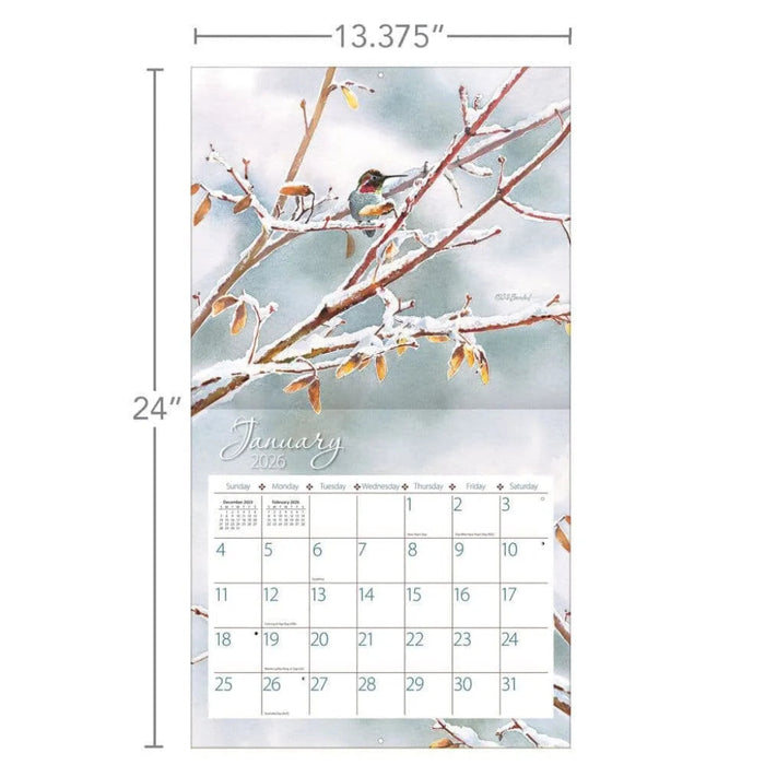 Calendar with a bird on a branch design, showing January 2024, with dimensions indicated.