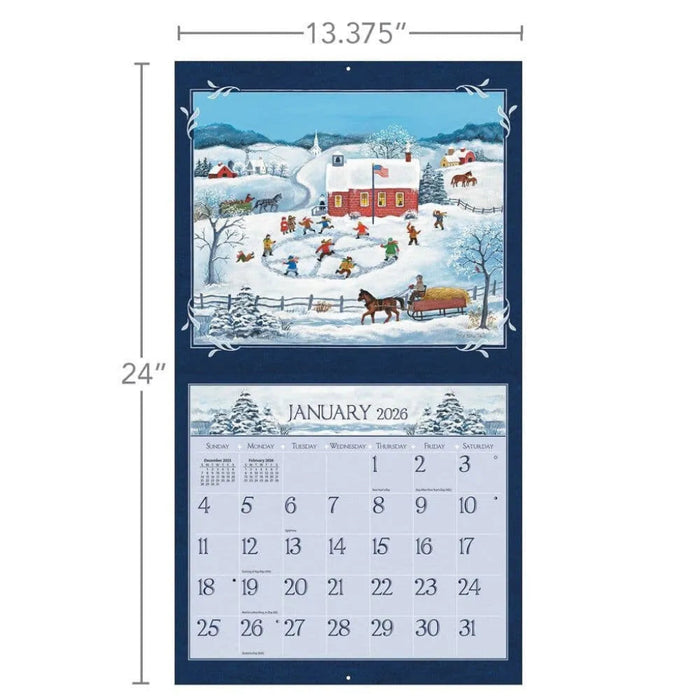 Calendar with a winter scene illustration and dimensions on a white background
