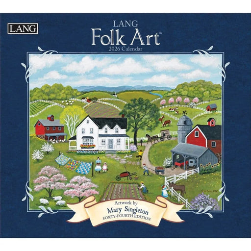 2026 Lang Folk Art calendar with a colorful illustration of a rural scene on a blue background.