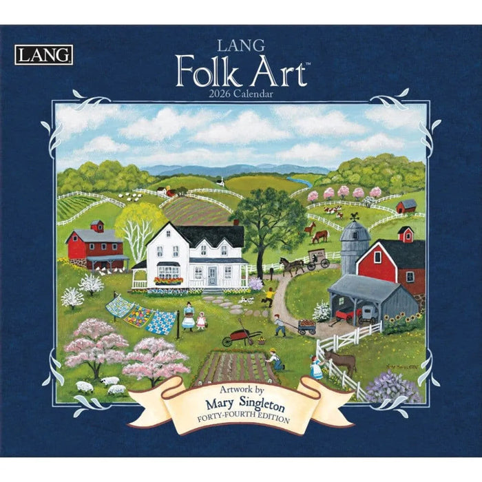 2026 Lang Folk Art calendar with a colorful illustration of a rural scene on a blue background.