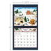 Calendar with winter village design and dimensions on a white background