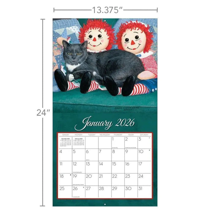 Calendar for January 2026 featuring Raggedy Ann and Andy with a cat, dimensions indicated.