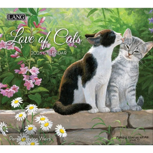 2026 calendar cover featuring two cats on a stone ledge with flowers and greenery.