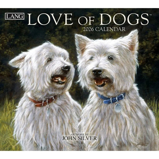 2026 calendar cover featuring two white dogs with 'LANG Love of Dogs' text.