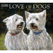 2026 calendar cover featuring two white dogs with 'LANG Love of Dogs' text.