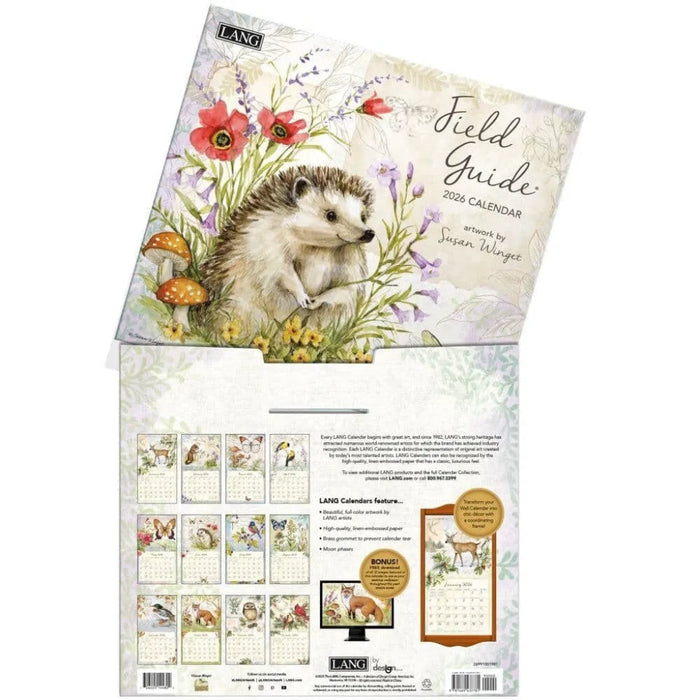 Calendar with hedgehog illustration and floral elements on a white background