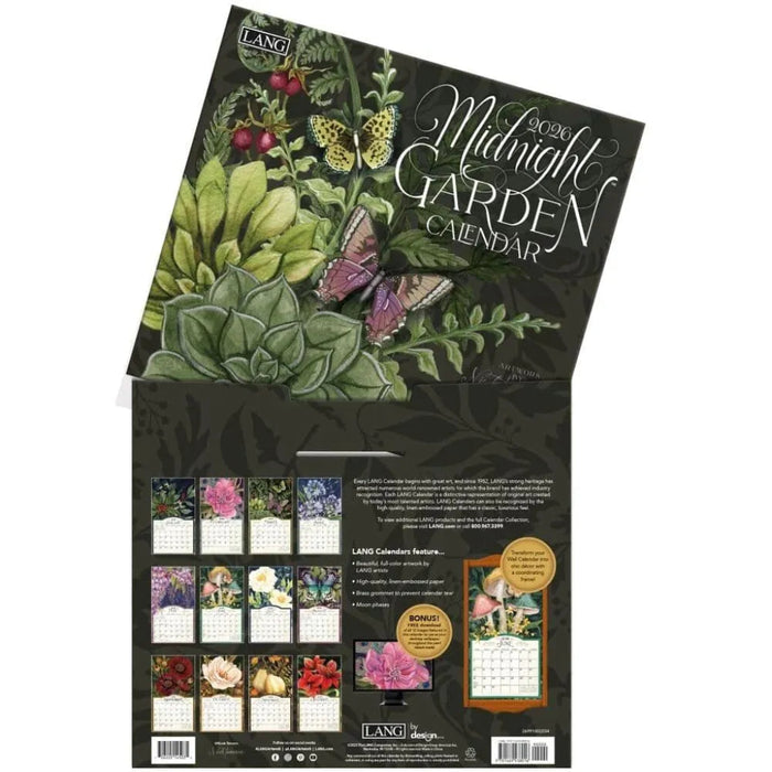 Midnight Garden calendar packaging with illustrations of plants and a butterfly on a black background.