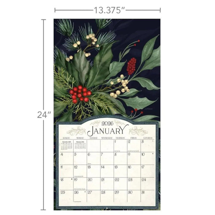 Calendar with a decorative design of leaves and berries, showing January 2023, with dimensions indicated.