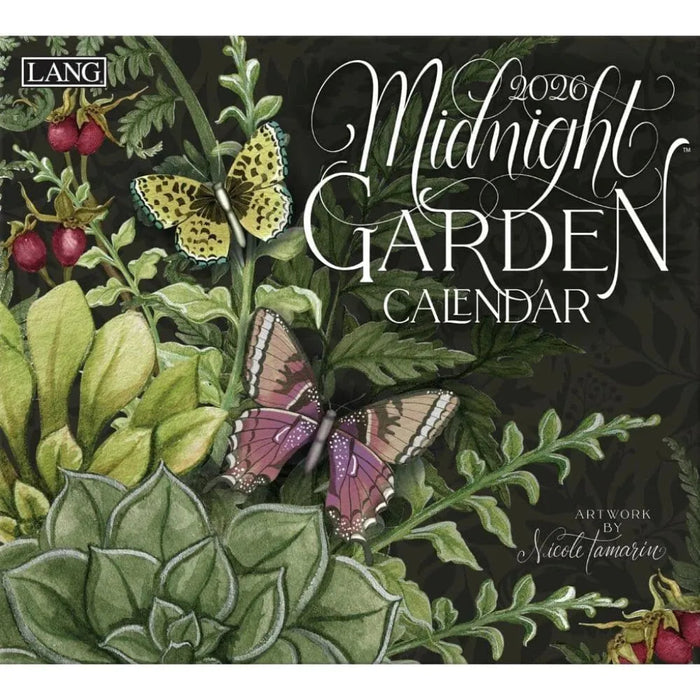 2026 Midnight Garden calendar with butterflies and plants on a dark background
