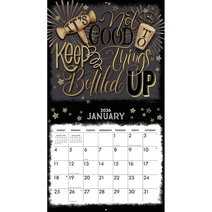 Calendar for January 2026 with decorative text and design elements.