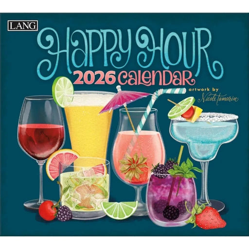 Happy Hour 2026 calendar with colorful cocktails on a blue background