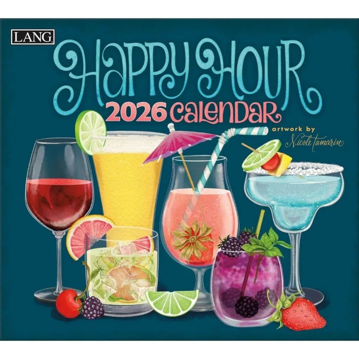 Happy Hour 2026 calendar with colorful cocktails on a blue background