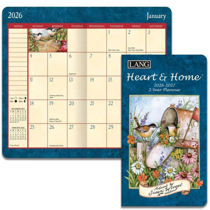 2026 calendar with 'Heart & Home' planner cover featuring a bird and flowers.
