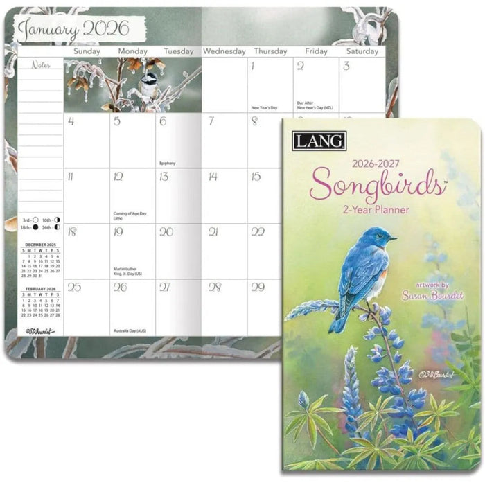 2026-2027 Songbirds planner with calendar and cover featuring a bluebird.