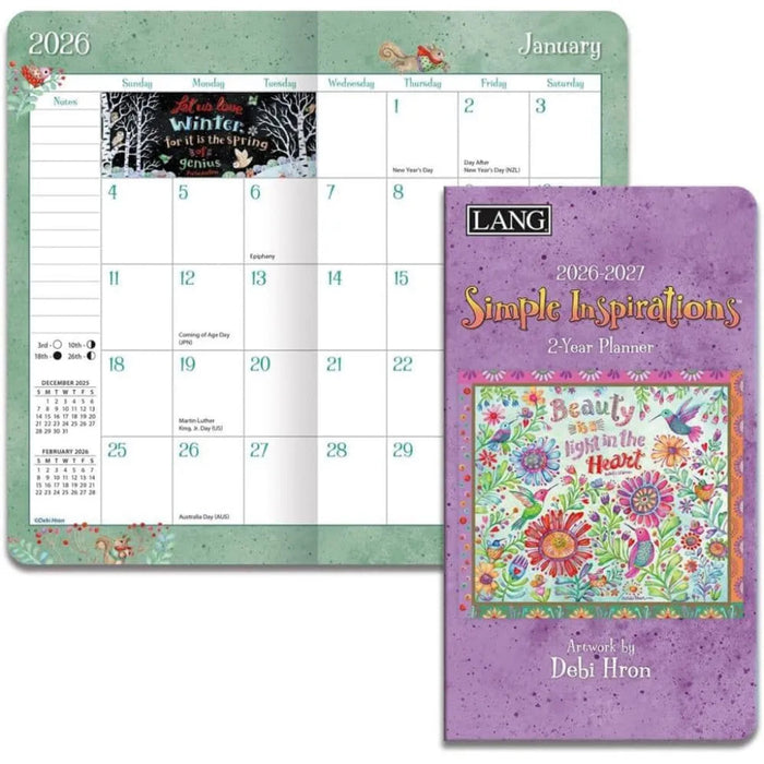 2026-2027 Simple Inspirations planner with a colorful cover and a calendar on a white background.