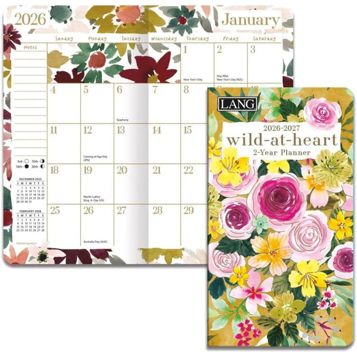 Floral planner with a monthly calendar layout and 'Wild at Heart' design on a white background.