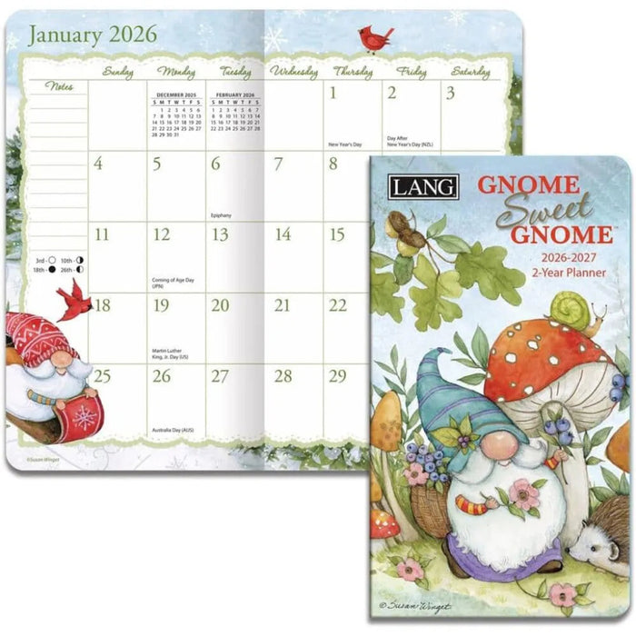 Gnome-themed planner with calendar and cover featuring a cartoon gnome.