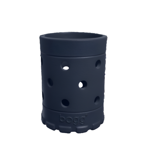 Navy blue silicone sleeve with holes for a container on a white background