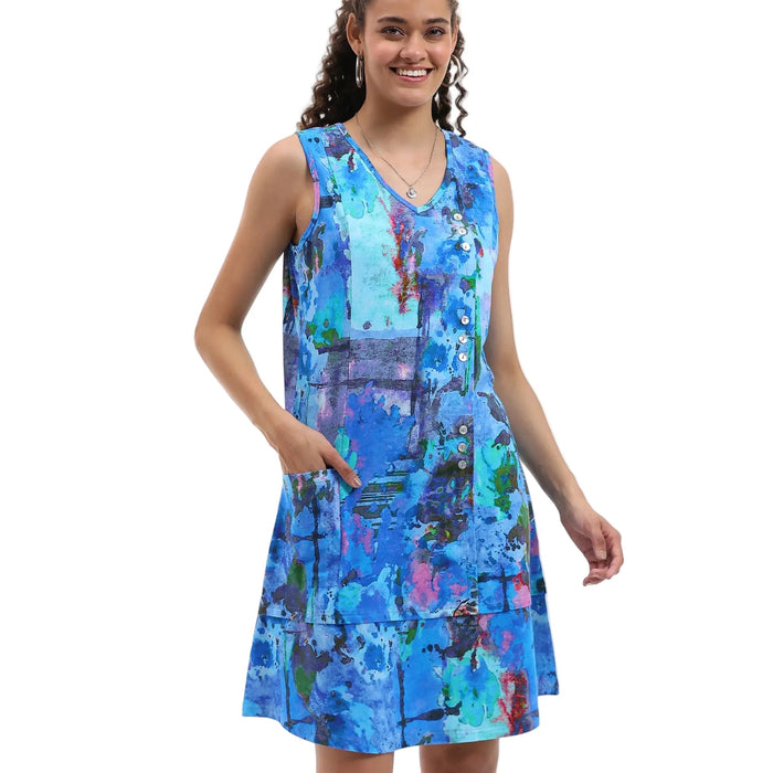 All over abstract Blue
Pull-over
round Neck sleeveless
Faux button front
One Front Patch Pocket