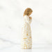 Statue of a woman in a white dress with gold detailing on a white background