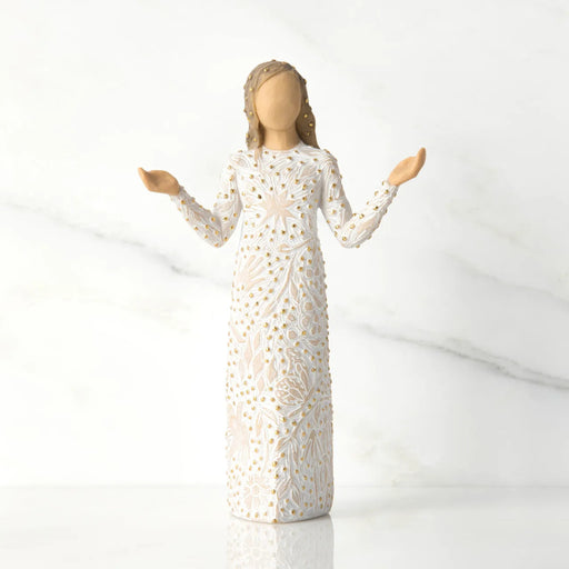 Hand-painted Willow Tree Everyday Blessings figurine featuring a woman with open arms and a cream dress decorated with flowers, leaves, birds, and butterflies, on a white background.