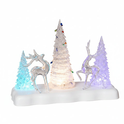 Lighted musical acrylic Christmas tree and deer scene with rotating holiday display