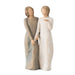 Two figurines holding hands on a white background