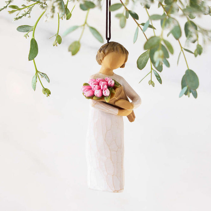 Willow Tree Bright Hope ornament – hand-painted resin figure holding pink peony bouquet, inspirational gift for encouragement, healing, or holiday décor