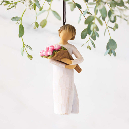 Willow Tree Bright Hope ornament – hand-painted resin figure holding pink peony bouquet, inspirational gift for encouragement, healing, or holiday décor