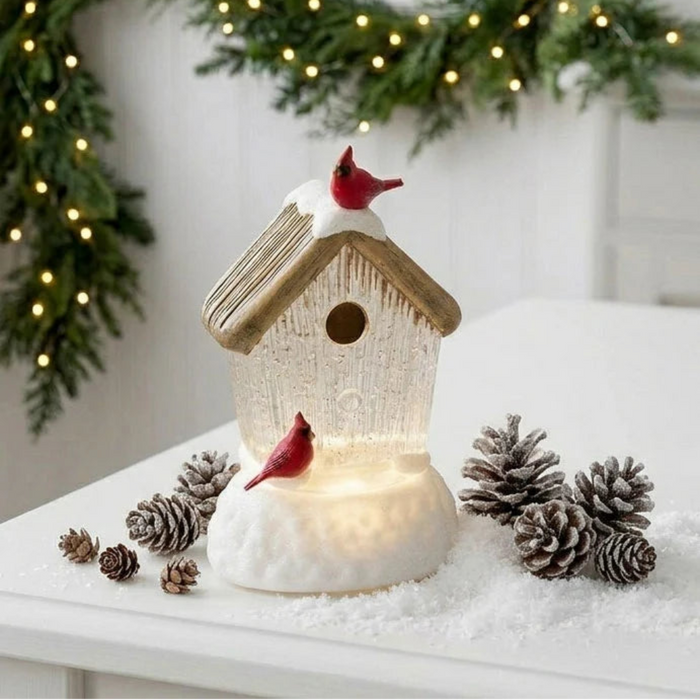 5.75-inch lighted water lantern featuring a cardinal bird house with swirling glitter