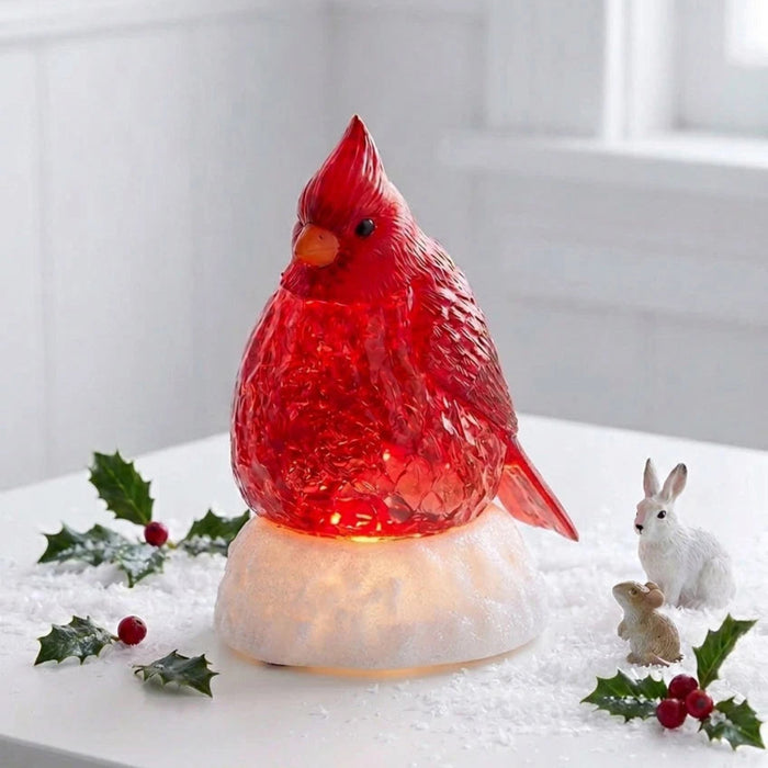 5.5-inch lighted water lantern featuring a red cardinal with swirling glitter