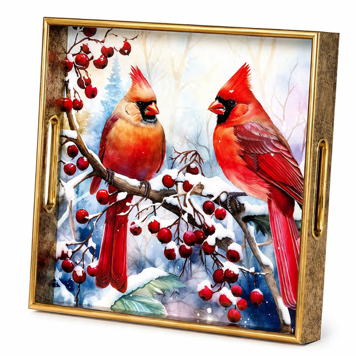 This Gerson Nesting Holiday Cardinal Design Tray features a vivid red cardinal perched among winter greenery.