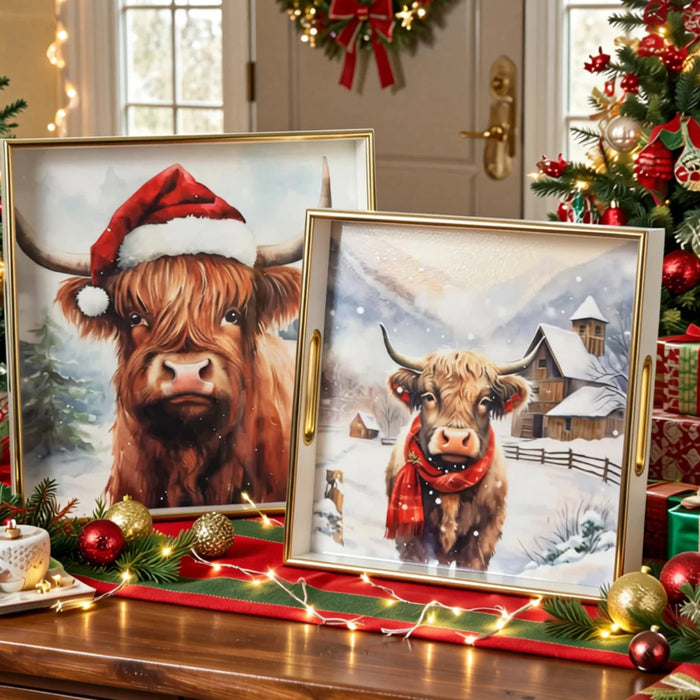 Large Christmas nesting trays featuring a festive cow design