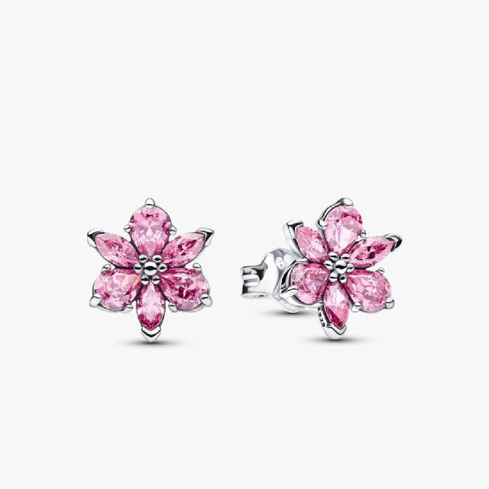 Pink flower stud earrings adorned with sparkling diamonds, showcasing a delicate and elegant design.
