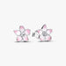 Silver earring with a pink flower-shaped charm on a white background