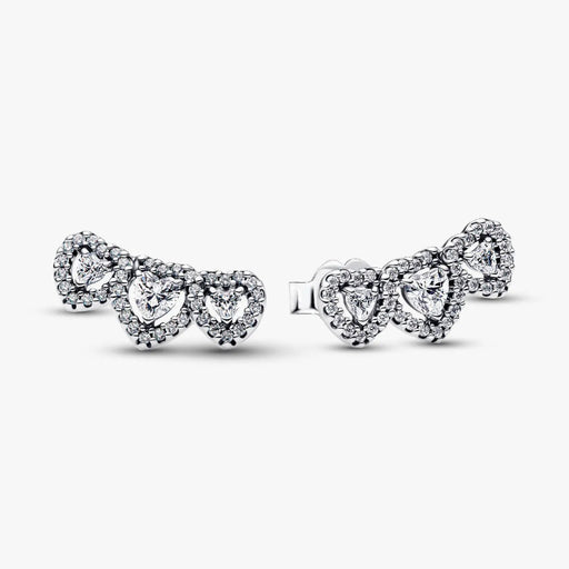 Pandora Halo Heart Trilogy Stud Earrings in sterling silver displayed on a white background.