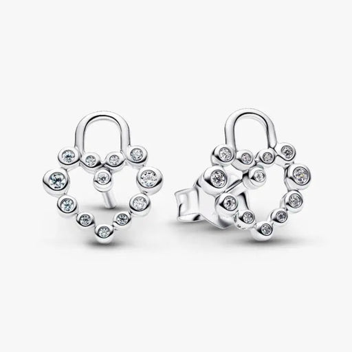 Pandora Sparkling Heart Padlock Stud Earrings in sterling silver.