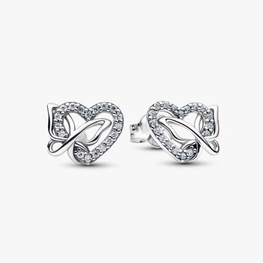 Silver earring with a heart and butterfly shaped charm on a white background