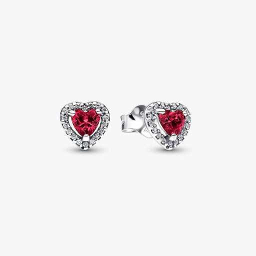 Pandora Elevated Red Heart Stud Earrings in sterling silver displayed on a white background.